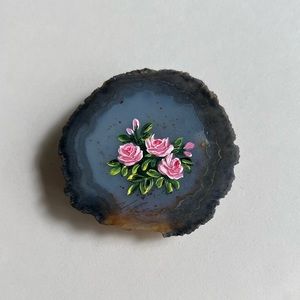 Miniature Oil Painting, Roses on Agate Geode Slice